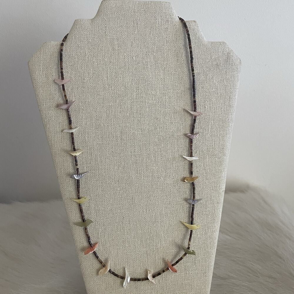 Vintage Zuni 24" Native American Sterling MOP Bird Fetish Heishi Shell Necklace